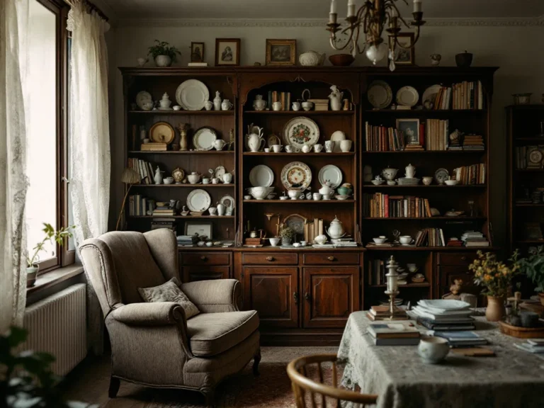 Wohnzimmer eines aufzulösenden Haushalts mit Schrankwand, Porzellan und Büchern
